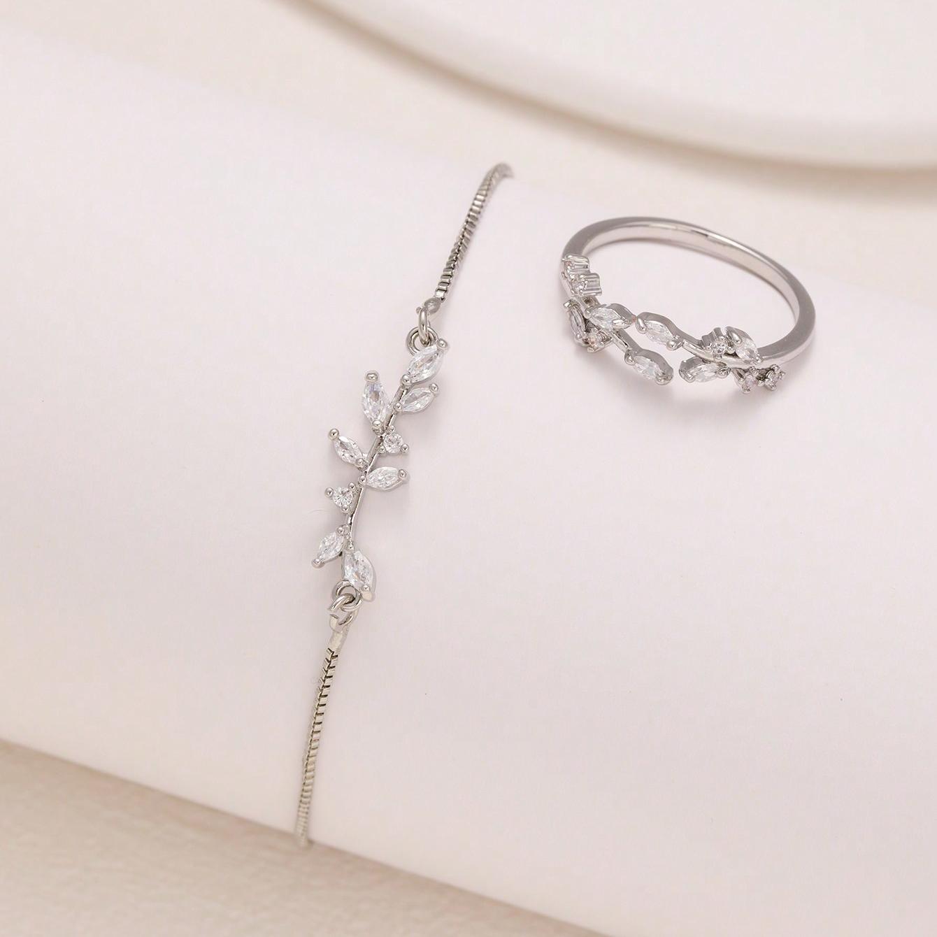Crystal Zircon Leaf Bracelet And Ring