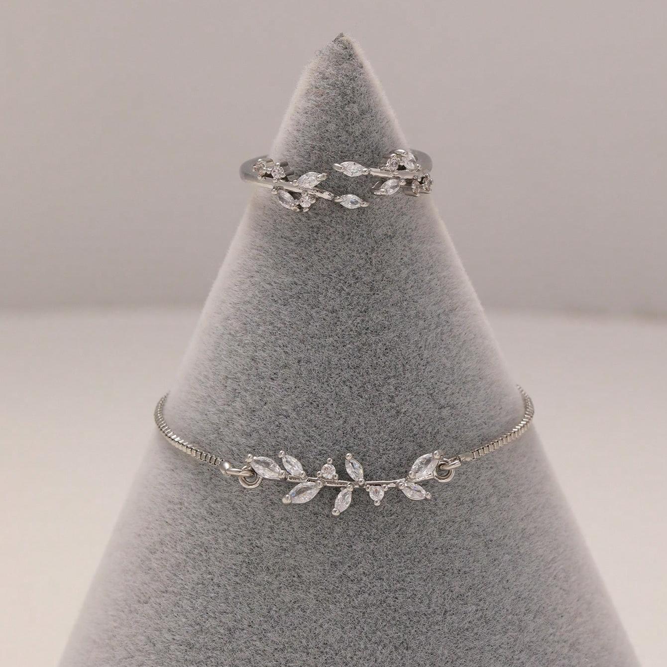 Crystal Zircon Leaf Bracelet And Ring