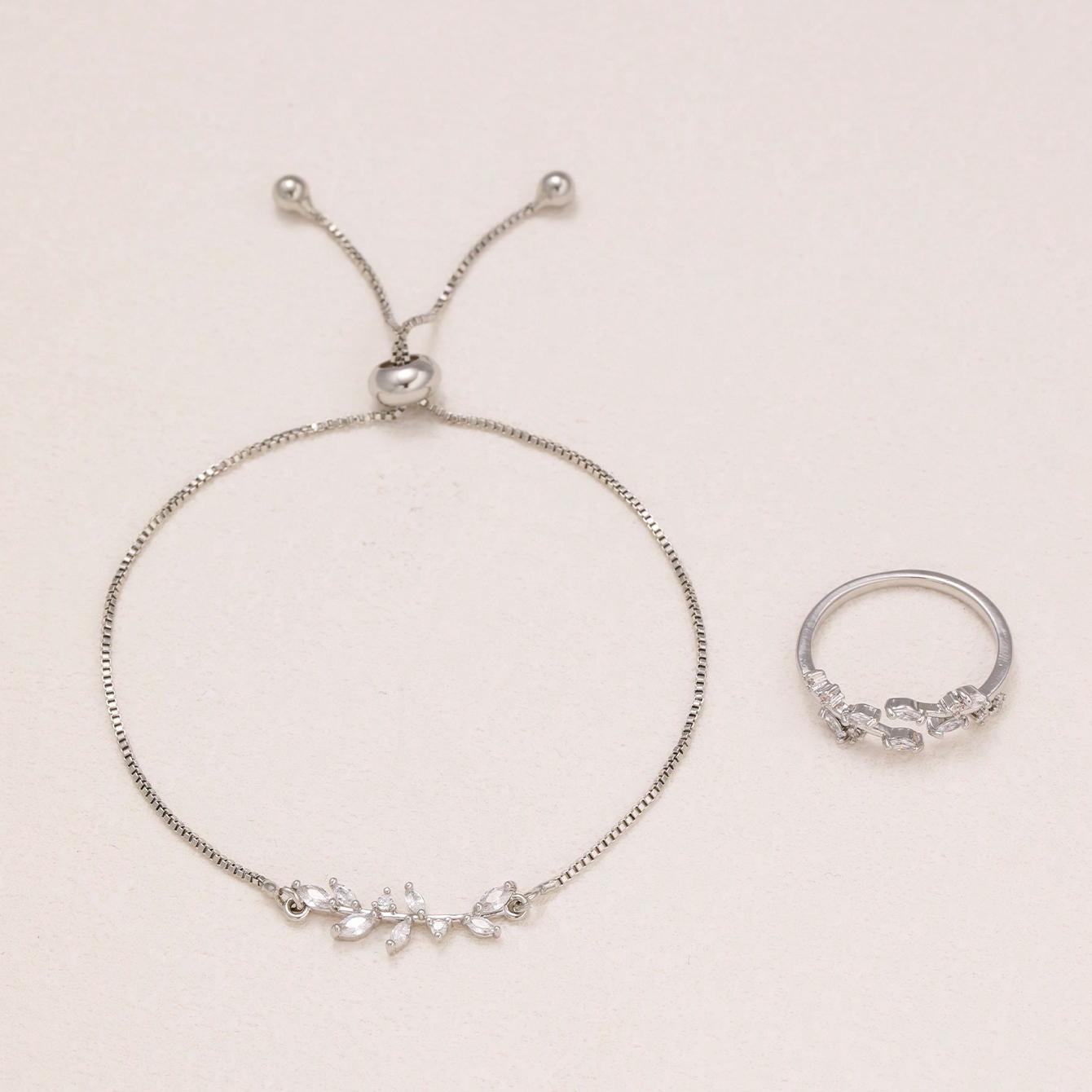 Crystal Zircon Leaf Bracelet And Ring
