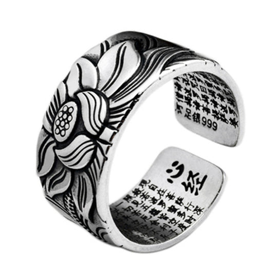 Silver Plated  Heart Sutra Lotus Ring