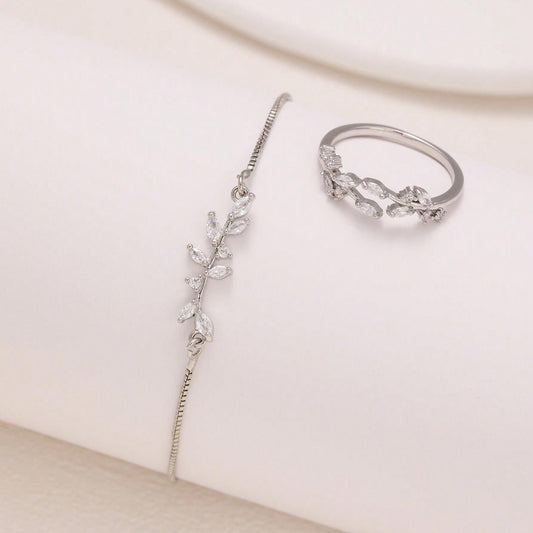 Crystal Zircon Leaf Bracelet And Ring